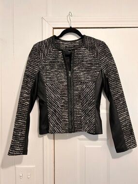 For Cynthia Black and White Tweed Zip-Front Blazer with Faux Leather Size Small